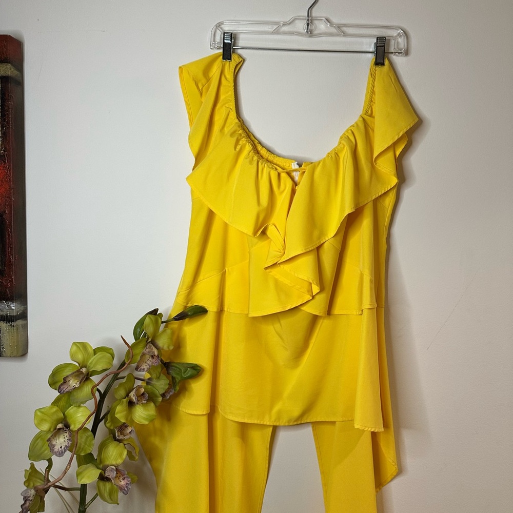 T101- High Low Yellow Ruffled Off Shoulders Blouse with Cascading Neckline